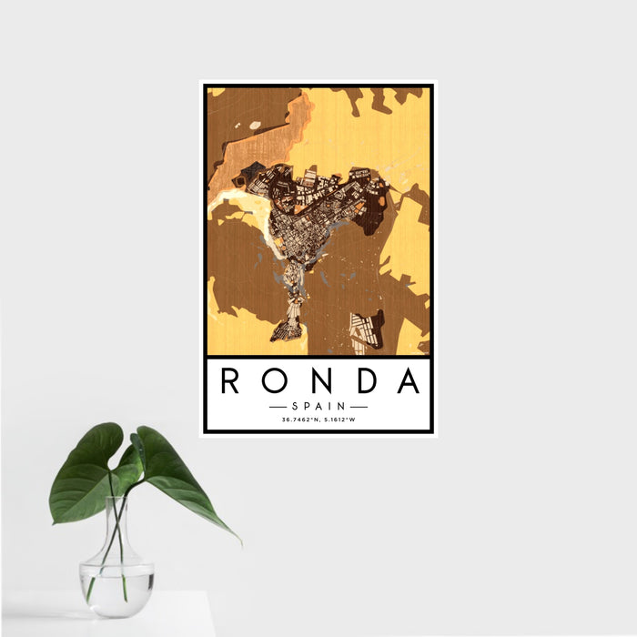 16x24 Ronda Spain Map Print Portrait Orientation in Ember Style With Tropical Plant Leaves in Water
