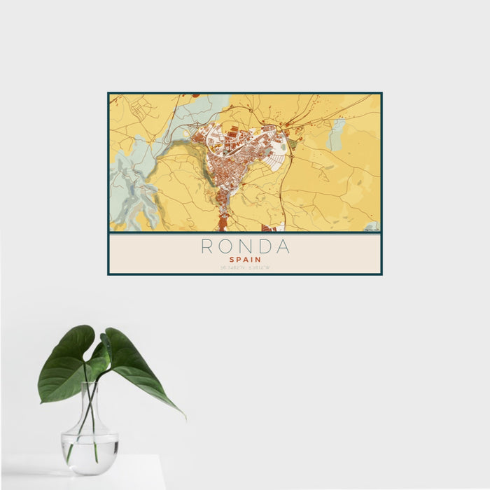 16x24 Ronda Spain Map Print Landscape Orientation in Woodblock Style With Tropical Plant Leaves in Water