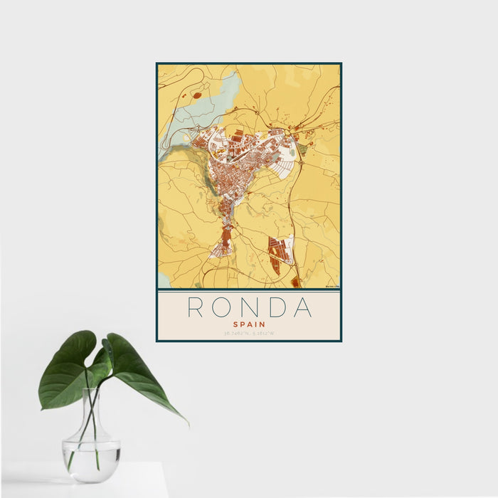 16x24 Ronda Spain Map Print Portrait Orientation in Woodblock Style With Tropical Plant Leaves in Water