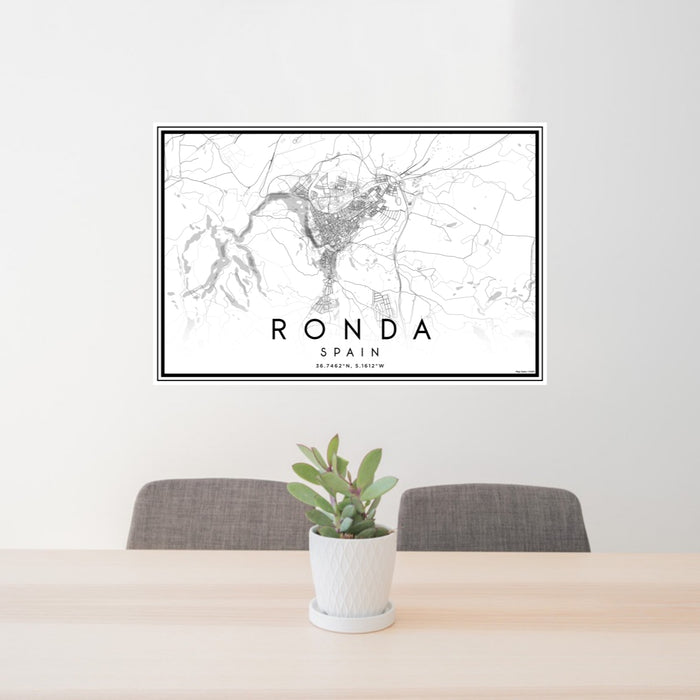 24x36 Ronda Spain Map Print Lanscape Orientation in Classic Style Behind 2 Chairs Table and Potted Plant