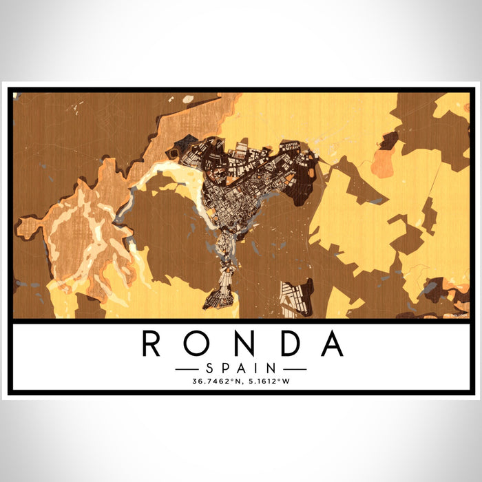Ronda Spain Map Print Landscape Orientation in Ember Style With Shaded Background