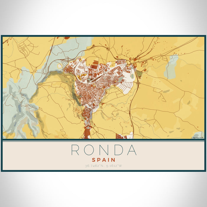 Ronda Spain Map Print Landscape Orientation in Woodblock Style With Shaded Background