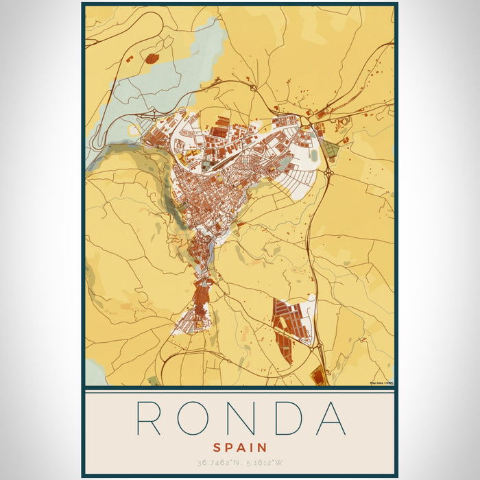 Ronda Spain Map Print Portrait Orientation in Woodblock Style With Shaded Background