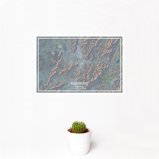 12x18 Roseburg Oregon Map Print Landscape Orientation in Afternoon Style With Small Cactus Plant in White Planter