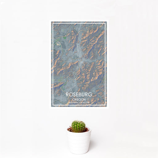 12x18 Roseburg Oregon Map Print Portrait Orientation in Afternoon Style With Small Cactus Plant in White Planter