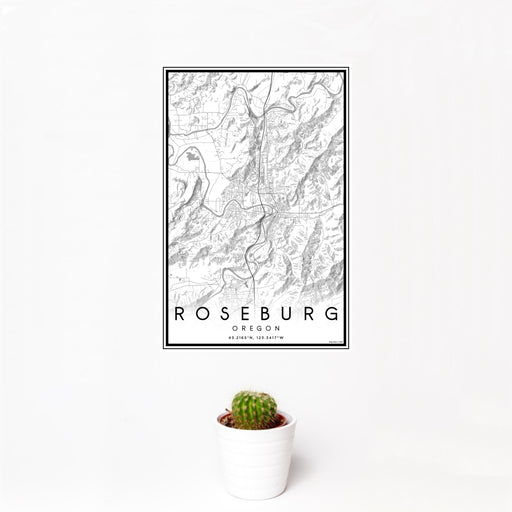 12x18 Roseburg Oregon Map Print Portrait Orientation in Classic Style With Small Cactus Plant in White Planter