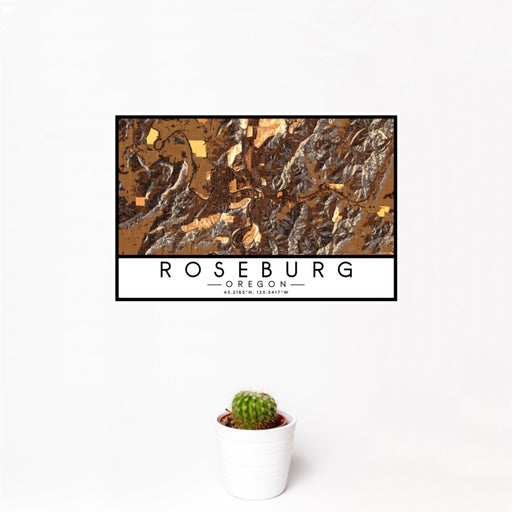 12x18 Roseburg Oregon Map Print Landscape Orientation in Ember Style With Small Cactus Plant in White Planter