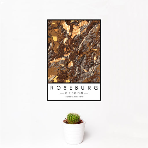 12x18 Roseburg Oregon Map Print Portrait Orientation in Ember Style With Small Cactus Plant in White Planter