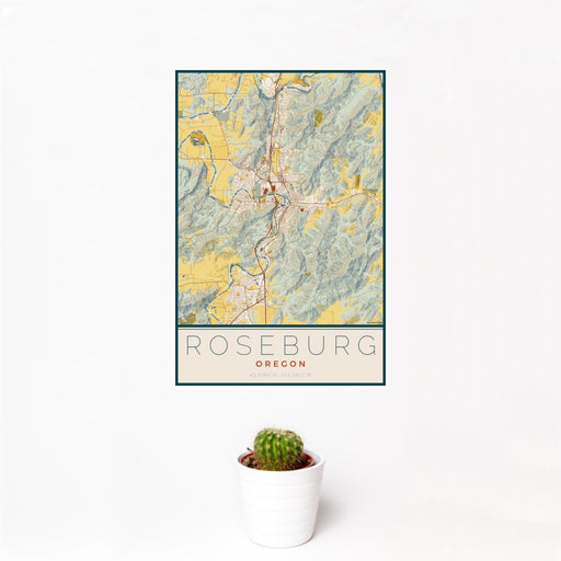 12x18 Roseburg Oregon Map Print Portrait Orientation in Woodblock Style With Small Cactus Plant in White Planter