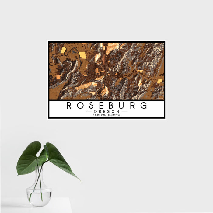 16x24 Roseburg Oregon Map Print Landscape Orientation in Ember Style With Tropical Plant Leaves in Water