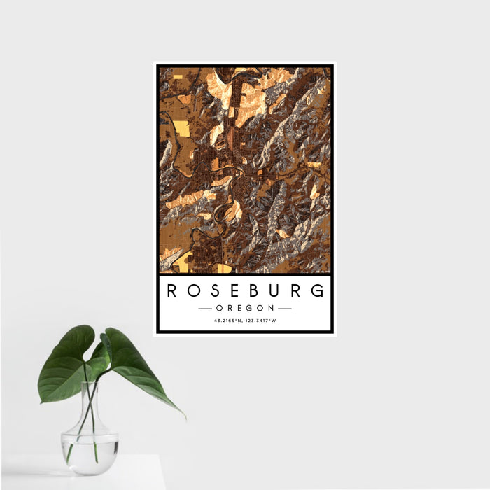 16x24 Roseburg Oregon Map Print Portrait Orientation in Ember Style With Tropical Plant Leaves in Water
