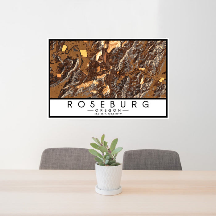 24x36 Roseburg Oregon Map Print Lanscape Orientation in Ember Style Behind 2 Chairs Table and Potted Plant