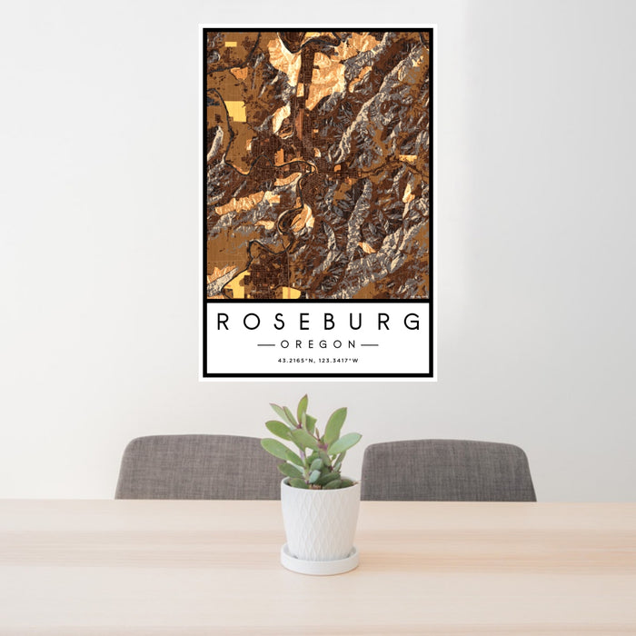 24x36 Roseburg Oregon Map Print Portrait Orientation in Ember Style Behind 2 Chairs Table and Potted Plant