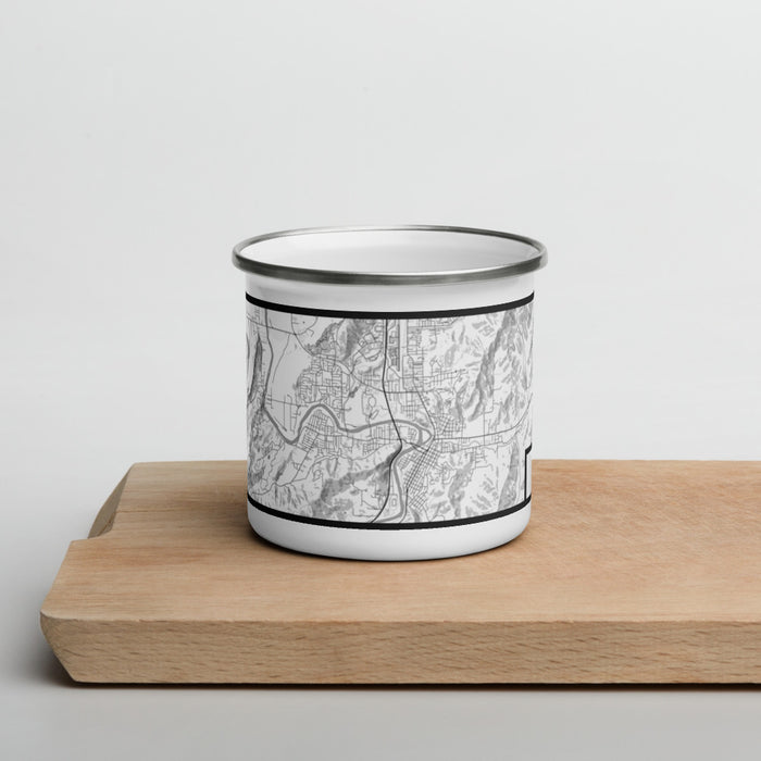 Front View Custom Roseburg Oregon Map Enamel Mug in Classic on Cutting Board