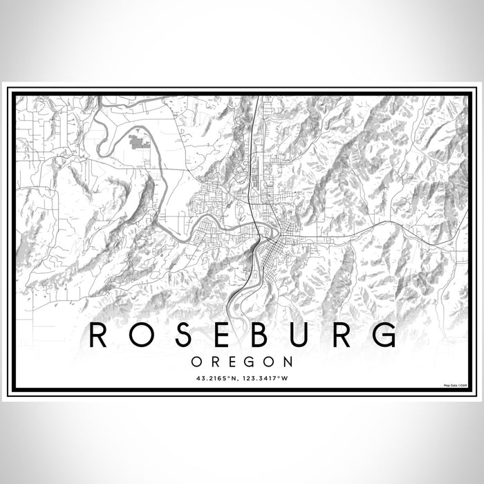 Roseburg Oregon Map Print Landscape Orientation in Classic Style With Shaded Background
