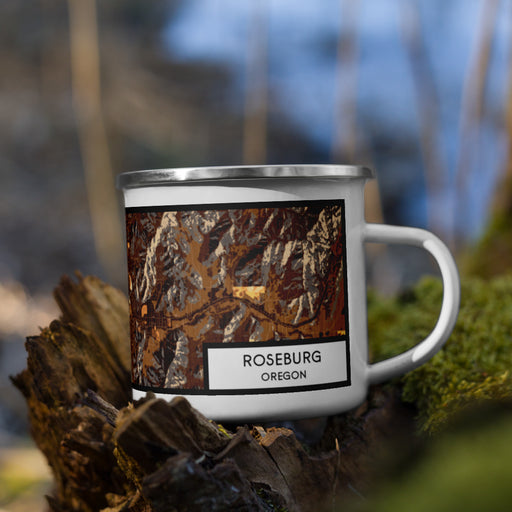 Right View Custom Roseburg Oregon Map Enamel Mug in Ember on Grass With Trees in Background