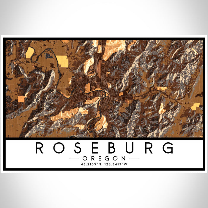 Roseburg Oregon Map Print Landscape Orientation in Ember Style With Shaded Background