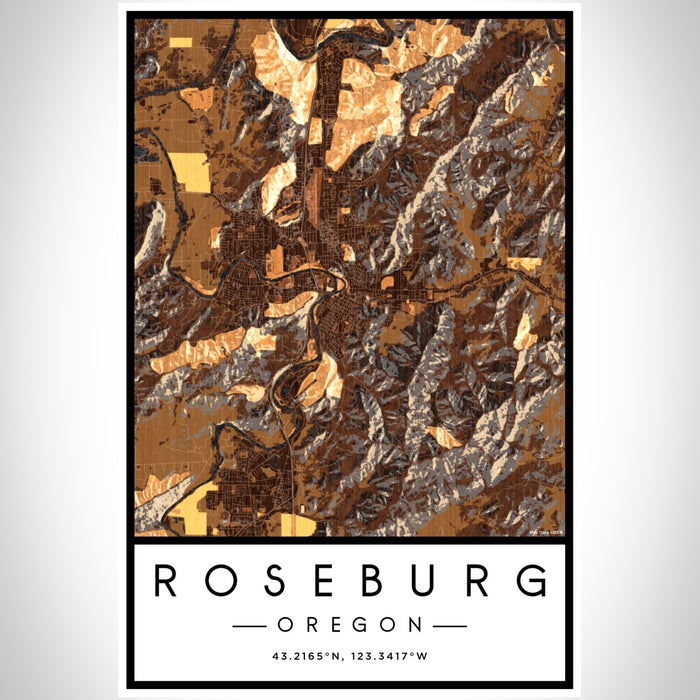 Roseburg Oregon Map Print Portrait Orientation in Ember Style With Shaded Background