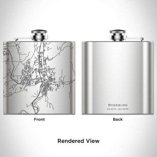 Rendered View of Roseburg Oregon Map Engraving on 6oz Stainless Steel Flask