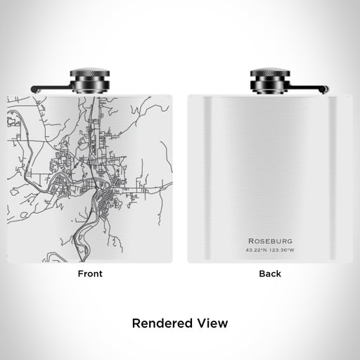 Rendered View of Roseburg Oregon Map Engraving on 6oz Stainless Steel Flask in White
