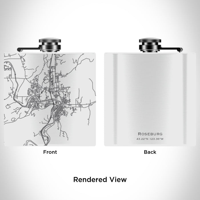 Rendered View of Roseburg Oregon Map Engraving on 6oz Stainless Steel Flask in White