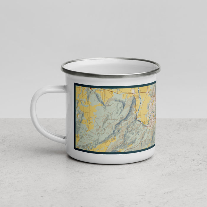 Left View Custom Roseburg Oregon Map Enamel Mug in Woodblock