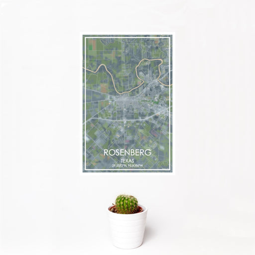 12x18 Rosenberg Texas Map Print Portrait Orientation in Afternoon Style With Small Cactus Plant in White Planter