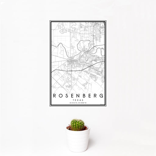 12x18 Rosenberg Texas Map Print Portrait Orientation in Classic Style With Small Cactus Plant in White Planter