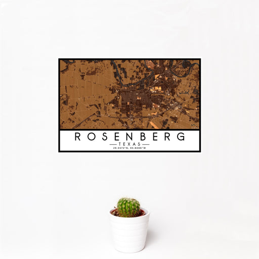 12x18 Rosenberg Texas Map Print Landscape Orientation in Ember Style With Small Cactus Plant in White Planter