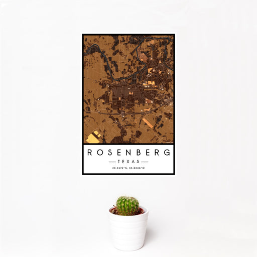 12x18 Rosenberg Texas Map Print Portrait Orientation in Ember Style With Small Cactus Plant in White Planter