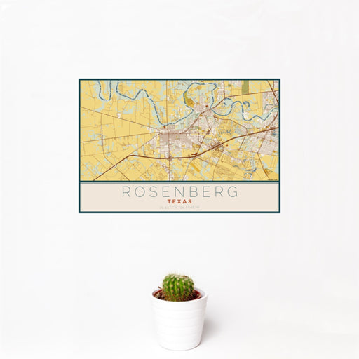 12x18 Rosenberg Texas Map Print Landscape Orientation in Woodblock Style With Small Cactus Plant in White Planter