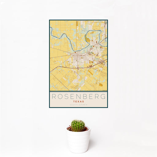 12x18 Rosenberg Texas Map Print Portrait Orientation in Woodblock Style With Small Cactus Plant in White Planter