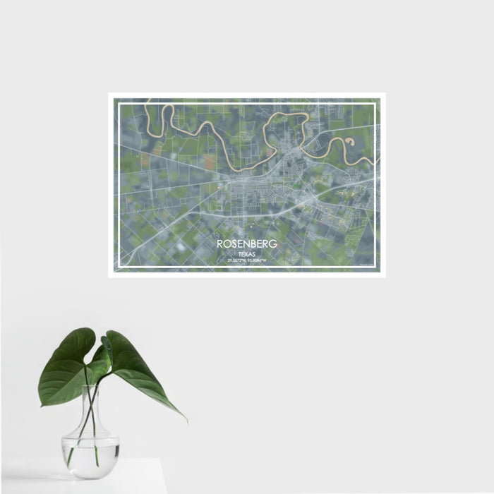 16x24 Rosenberg Texas Map Print Landscape Orientation in Afternoon Style With Tropical Plant Leaves in Water
