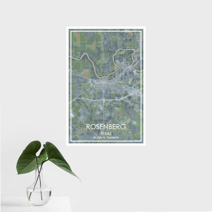 16x24 Rosenberg Texas Map Print Portrait Orientation in Afternoon Style With Tropical Plant Leaves in Water