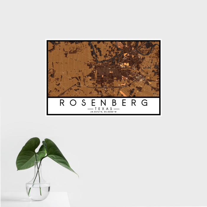 16x24 Rosenberg Texas Map Print Landscape Orientation in Ember Style With Tropical Plant Leaves in Water