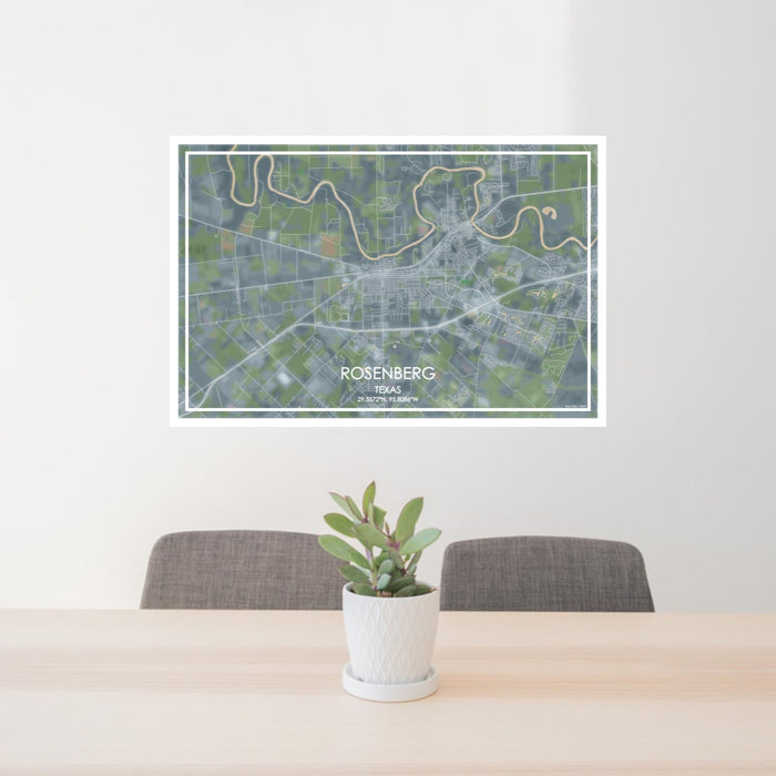 24x36 Rosenberg Texas Map Print Lanscape Orientation in Afternoon Style Behind 2 Chairs Table and Potted Plant