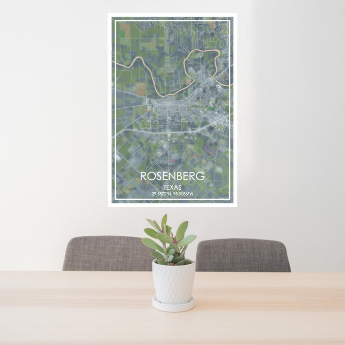 24x36 Rosenberg Texas Map Print Portrait Orientation in Afternoon Style Behind 2 Chairs Table and Potted Plant