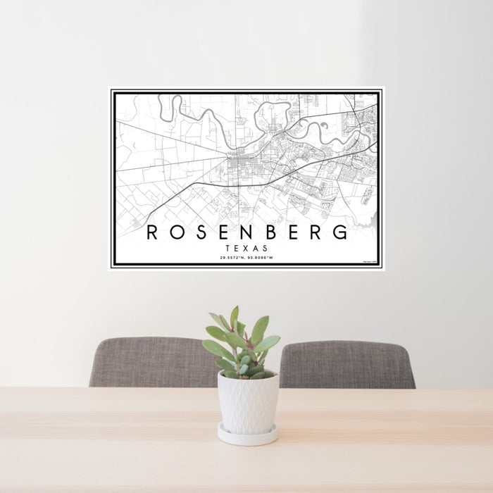 24x36 Rosenberg Texas Map Print Lanscape Orientation in Classic Style Behind 2 Chairs Table and Potted Plant