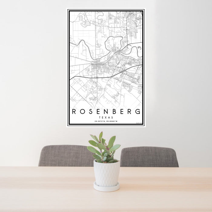 24x36 Rosenberg Texas Map Print Portrait Orientation in Classic Style Behind 2 Chairs Table and Potted Plant
