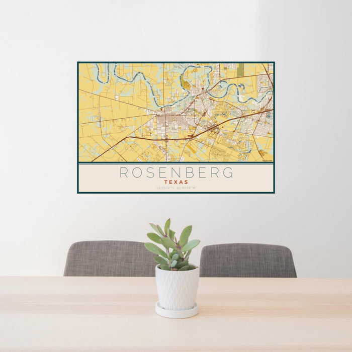 24x36 Rosenberg Texas Map Print Lanscape Orientation in Woodblock Style Behind 2 Chairs Table and Potted Plant