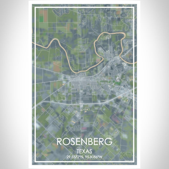 Rosenberg Texas Map Print Portrait Orientation in Afternoon Style With Shaded Background