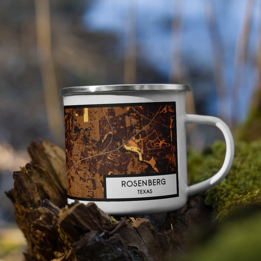 Right View Custom Rosenberg Texas Map Enamel Mug in Ember on Grass With Trees in Background