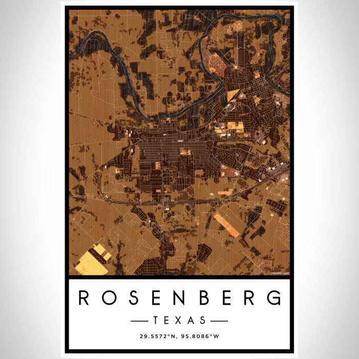 Rosenberg Texas Map Print Portrait Orientation in Ember Style With Shaded Background