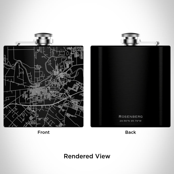 Rendered View of Rosenberg Texas Map Engraving on 6oz Stainless Steel Flask in Black