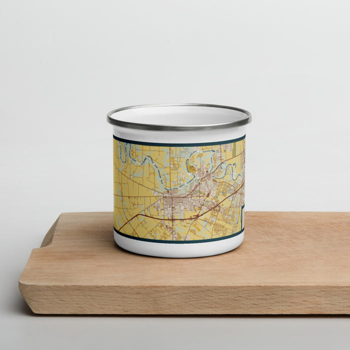Front View Custom Rosenberg Texas Map Enamel Mug in Woodblock on Cutting Board