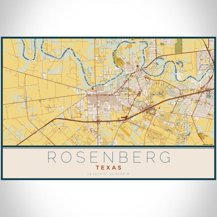 Rosenberg Texas Map Print Landscape Orientation in Woodblock Style With Shaded Background