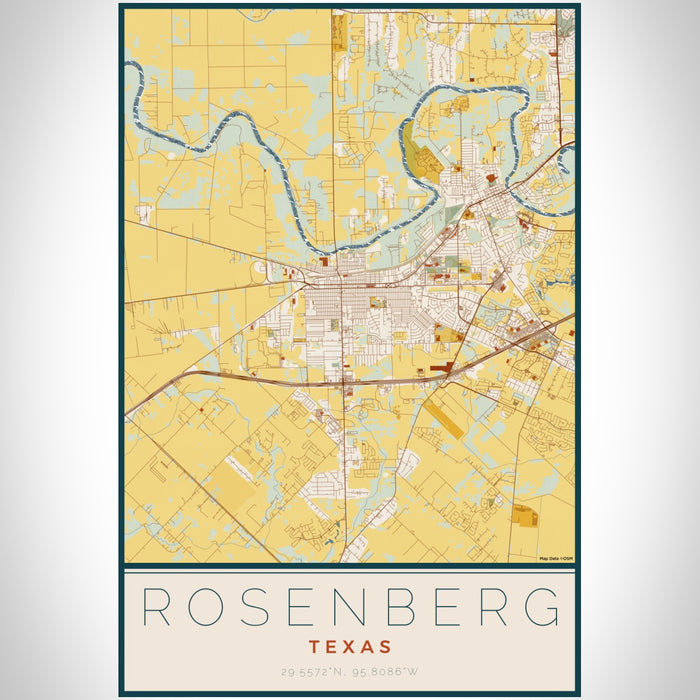 Rosenberg Texas Map Print Portrait Orientation in Woodblock Style With Shaded Background