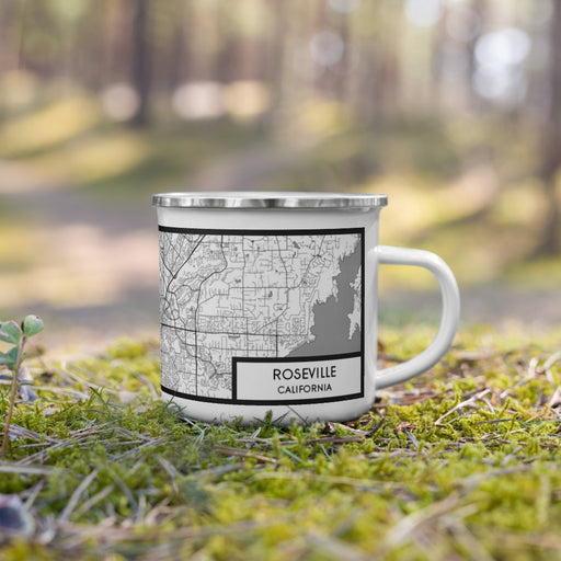 Right View Custom Roseville California Map Enamel Mug in Classic on Grass With Trees in Background