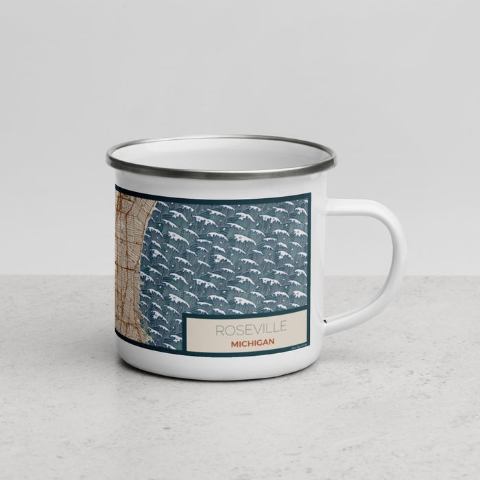 Right View Custom Roseville Michigan Map Enamel Mug in Woodblock
