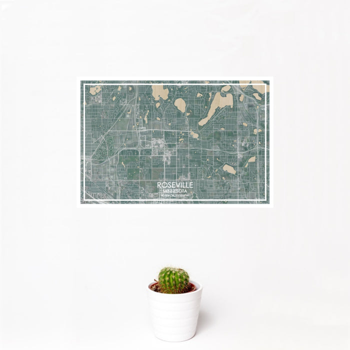 12x18 Roseville Minnesota Map Print Landscape Orientation in Afternoon Style With Small Cactus Plant in White Planter